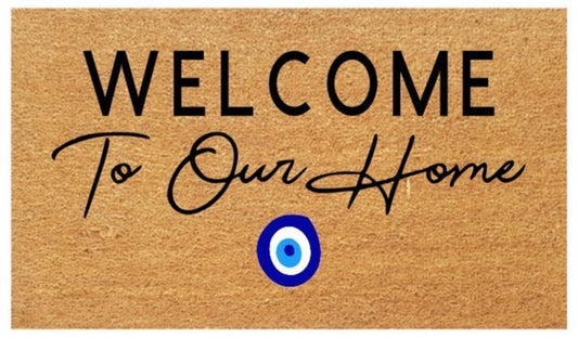 Welcome to our home Coir Doormat with evil eye